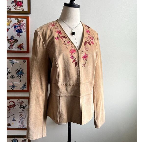 Vintage Y2K Suede Jacket | Wine Floral Embroidery | Khaki Leather | Size L - Picture 1 of 11